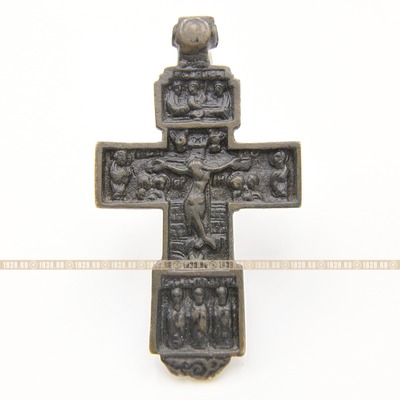 Старинный крест наперсный Распятие с Предстоящими, Троица Ветхозаветная и избранные святые. Московское Княжество XV-XVI век