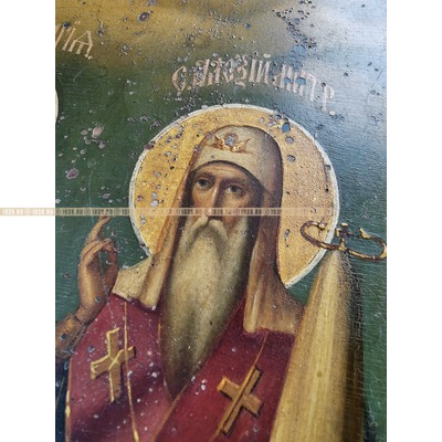 Старинная икона с избранными святыми Святой Николай Чудотворец, Святая Пелагея (Полины) и Святой Алексий Московский митрополит. Россия 1860-1880 год