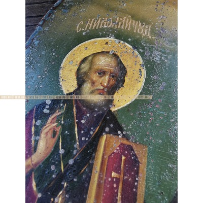 Старинная икона с избранными святыми Святой Николай Чудотворец, Святая Пелагея (Полины) и Святой Алексий Московский митрополит. Россия 1860-1880 год