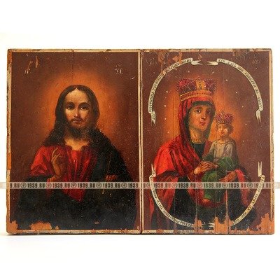 Старинная Венчальная пара икон в подарочном кейсе. Иконы Господа Вседержителя и Божьей Матери 