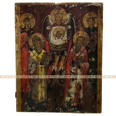 Старинная старообрядческая икона Святой Архангел Михаил с «крестьянскими богами». Россия, Поволжье, XIX век.