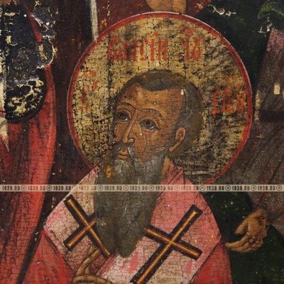 Старинная старообрядческая икона Святой Архангел Михаил с «крестьянскими богами». Россия, Поволжье, XIX век.