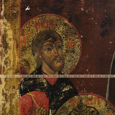 Старинная старообрядческая икона Святой Архангел Михаил с «крестьянскими богами». Россия, Поволжье, XIX век.