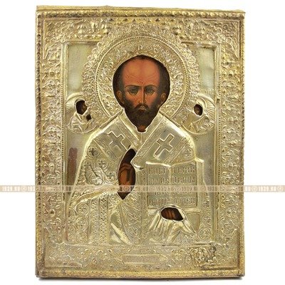Старинная деревянная икона в окладн Николай Чудотворец. Россия, Центральный регион империи, XIX век.