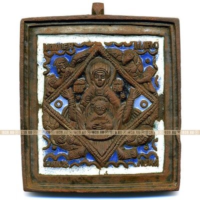 Старинная литая Икона Божья Матерь Знамение с символами Евангелистов. Россия 1840-1860 год
