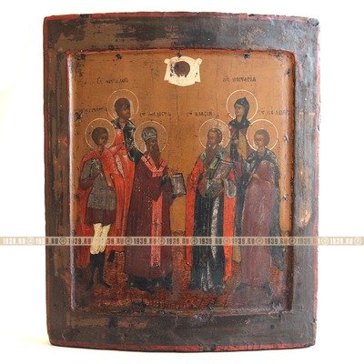 Старинная старообрядческая икона русских святых-целителей и святых-заступников. Россия, север XIX век.
