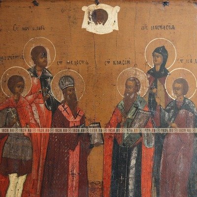 Старинная старообрядческая икона русских святых-целителей и святых-заступников. Россия, север XIX век.