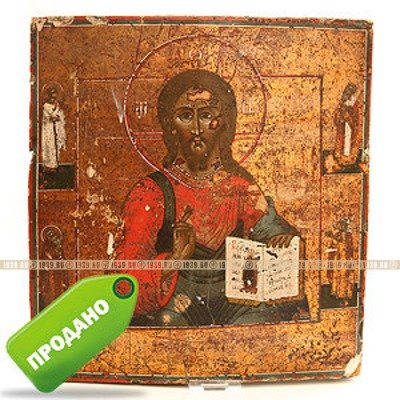 Старинная православная икона на золоте Господь Вседержитель с предстоящими святыми. Россия Урал середина 19 века.
