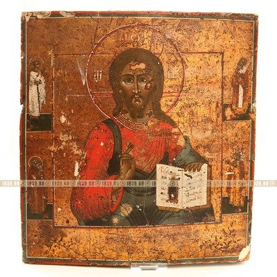 Старинная православная икона на золоте Господь Вседержитель с предстоящими святыми. Россия Урал середина 19 века.
