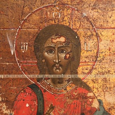 Старинная православная икона на золоте Господь Вседержитель с предстоящими святыми. Россия Урал середина 19 века.
