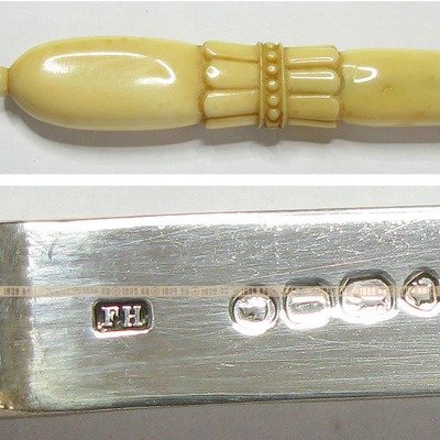 Антикварный серебряный кабинетный нож для писем с ручкой из слоновой кости. Англия 1861 год.