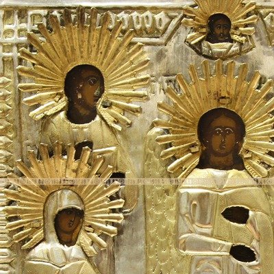 Старинная икона с изображением Архангела Михаила, целителя Пантелеймона, св.Параскевы, св. Татьяны и св. Марии. Владимирская губерния конец 19 века.