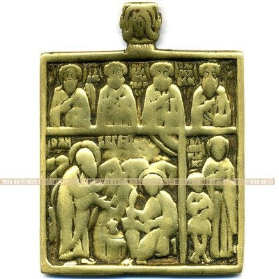 Бронзовая старинная икона образок Иоанн Богослов и ученик его Прохор, Кирик и Иулита и избранные святые. Россия рубеж 18-19 века.