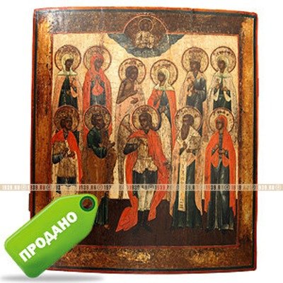 Старинная заказная православная икона «Архангел Михаил с избранными святыми» Урал, первая половина 19 века.