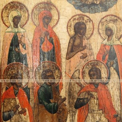Старинная заказная православная икона «Архангел Михаил с избранными святыми» Урал, первая половина 19 века.