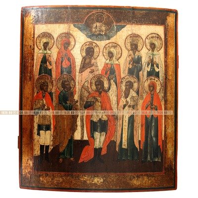 Старинная заказная православная икона «Архангел Михаил с избранными святыми» Урал, первая половина 19 века.