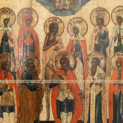 Старинная заказная православная икона «Архангел Михаил с избранными святыми» Урал, первая половина 19 века.