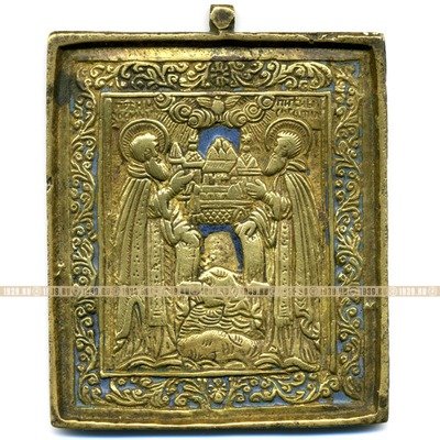Старинная литая бронзовая икона Зосима и Савватий на фоне Соловецкого монастыря. Россия 19 век.