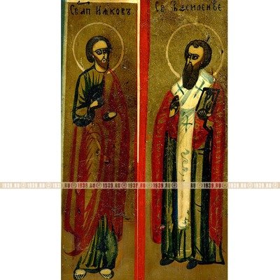 Старинная коллекционная икона Владимирской Пресвятой Богородицы с избранными святыми Василием и Иаковом. Россия 19 век.