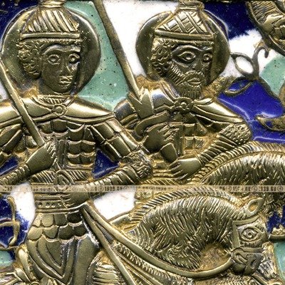Красивая старинная литая икона Святые Благоверные князья Борис и Глеб эмали 5 цветов. Россия 19 век.