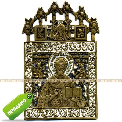 Крупная 15 см старинная литая икона Николай Чудотворец с херувимами и архангелами Гуслицы.