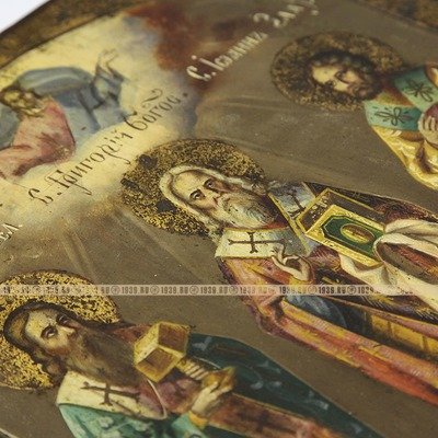 Большая старинная православная икона Три Святителя или Отцы основатели Православной церкви. Россия 19 век.