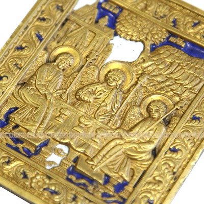 Большая старинная православная литая Икона Троица Ветхозаветная с эмалями и позолотой