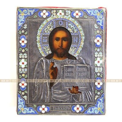 Старинная икона в серебряном окладе Господь Вседержитель. Россия 19 век.