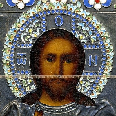 Старинная икона в серебряном окладе Господь Вседержитель. Россия 19 век.