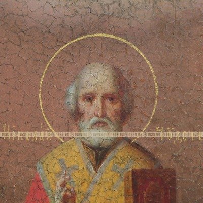 Большая старинная икона 19 века с изображением трех святых: Святитель Николай Чудотворец, Преподобный Никон Радонежский Чудотворец и святой мученик Нестор Солунский.