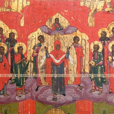 Старинная икона на золоте Покров Пресвятой Богородицы новгородского типа, Россия 19 век.