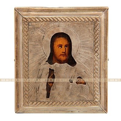Маленькая старинная икона в серебряном окладе Господь Вседержитель, царская проба серебра 84 и именник мастера 