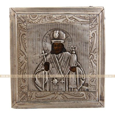 Маленькая старинная икона в серебряном окладе Святитель Иоасаф епископ Белгородский, царская проба серебра 84 и именник мастера 