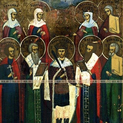 Старинная икона Святой благоверный князь Александр Невский с избранными святыми. Россия 19 век.