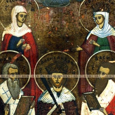 Старинная икона Святой благоверный князь Александр Невский с избранными святыми. Россия 19 век.