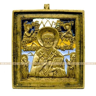 Старинная бронзовая Икона Святитель Николай Чудотворец. Эмаль четырех цветов.