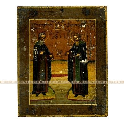 Миниатюрная старинная пядничная икона 19 века Святые Преподобные Чудотворцы Зосима и Савватий Соловецкие в молении Нерукотворному Образу - пчельники и покровители пчеловодов.