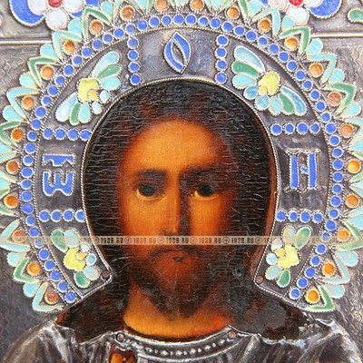 Старинная икона в серебряном окладе Господь Вседержитель, Россия 19 век.