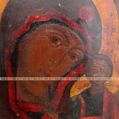 Старинная икона Богоматерь Казанская в шитой золотом ризе, украшенной натуральными самоцветами. Экспертиза!