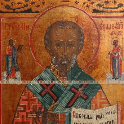 Старинная икона 19 века Святитель Николай, архиепископ Мир Ликийских, чудотворец и угодник Божий киотного хранения.