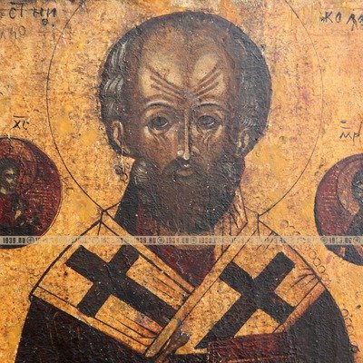 Старинная икона святого Николая Чудотворца с ковчегом в архаичном стиле. Россия 19 век.