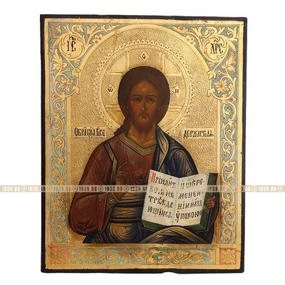 Старинная икона Господь Вседержитель на сусальном золоте кабинетного размера. Россия, вторая половина 19 века.