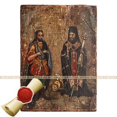 Старинная икона Святой Иоанн Воин и Святой Тихон Задонский чудотворец. Россия XIX век.