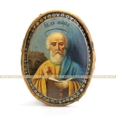 Старинная овальная икона святого евангелиста Марка святого покровителя семейного очага. Живопись конец 19 века.