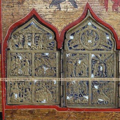 Уральская старинная икона Двунадесятые праздники и Акафист Богородице с избранными святыми. Россия, Урал XIX век.