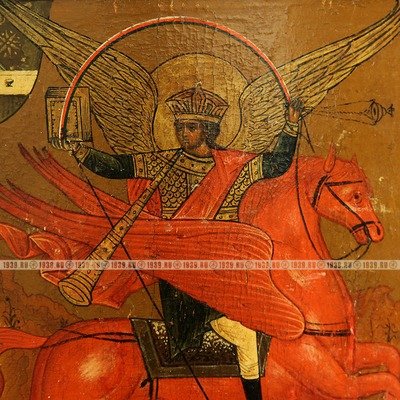 Старинная икона Пламенного Архангела Михаила, возвещающего о конце времен. Россия XIX век.