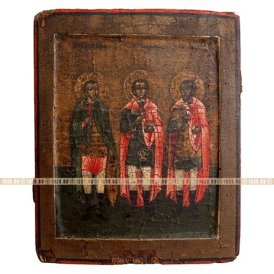 Мужская старинная русская икона Святой мученик Иоанн Воин, Святой великомученик и целитель Пантелеймон и Святой мученик Никита-Бесогон, Россия XIX век.