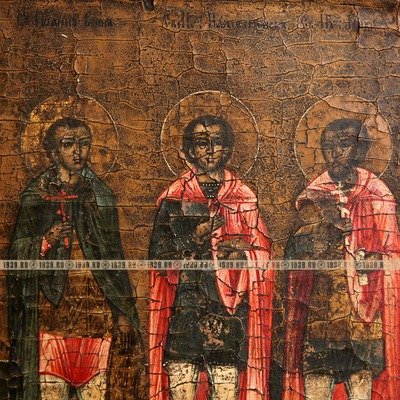 Мужская старинная русская икона Святой мученик Иоанн Воин, Святой великомученик и целитель Пантелеймон и Святой мученик Никита-Бесогон, Россия XIX век.
