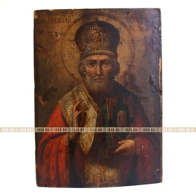 Старинная икона Святитель Чудотворец Зимний на щепе. Россия XIX век.