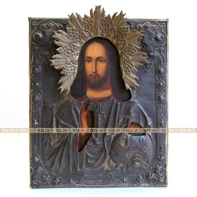 Старинная икона Господа Вседержителя, держащего мир в Своей руке, латунный оклад. Россия XIX век.